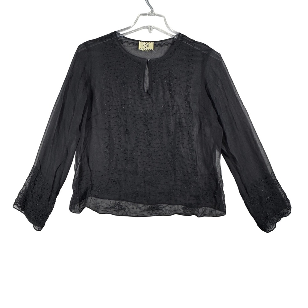ICE Blouse Beaded Long Sleeve Sheer Keyhole Embellished Top 2000s Y2K Size Large